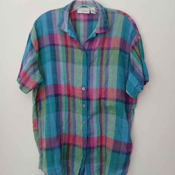 100% Cotton Gauzy, Lightweight Ocean Blues Short Sleeve Button Up Top Sz L - Picture 9 of 9